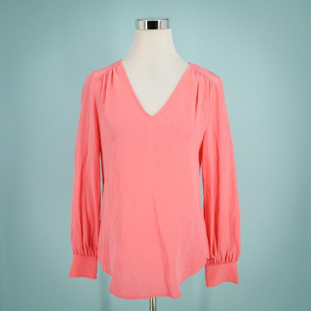 Trina Turk Size Small S Pink V Neck Long Sleeve 100% Silk Top Blouse Shirt